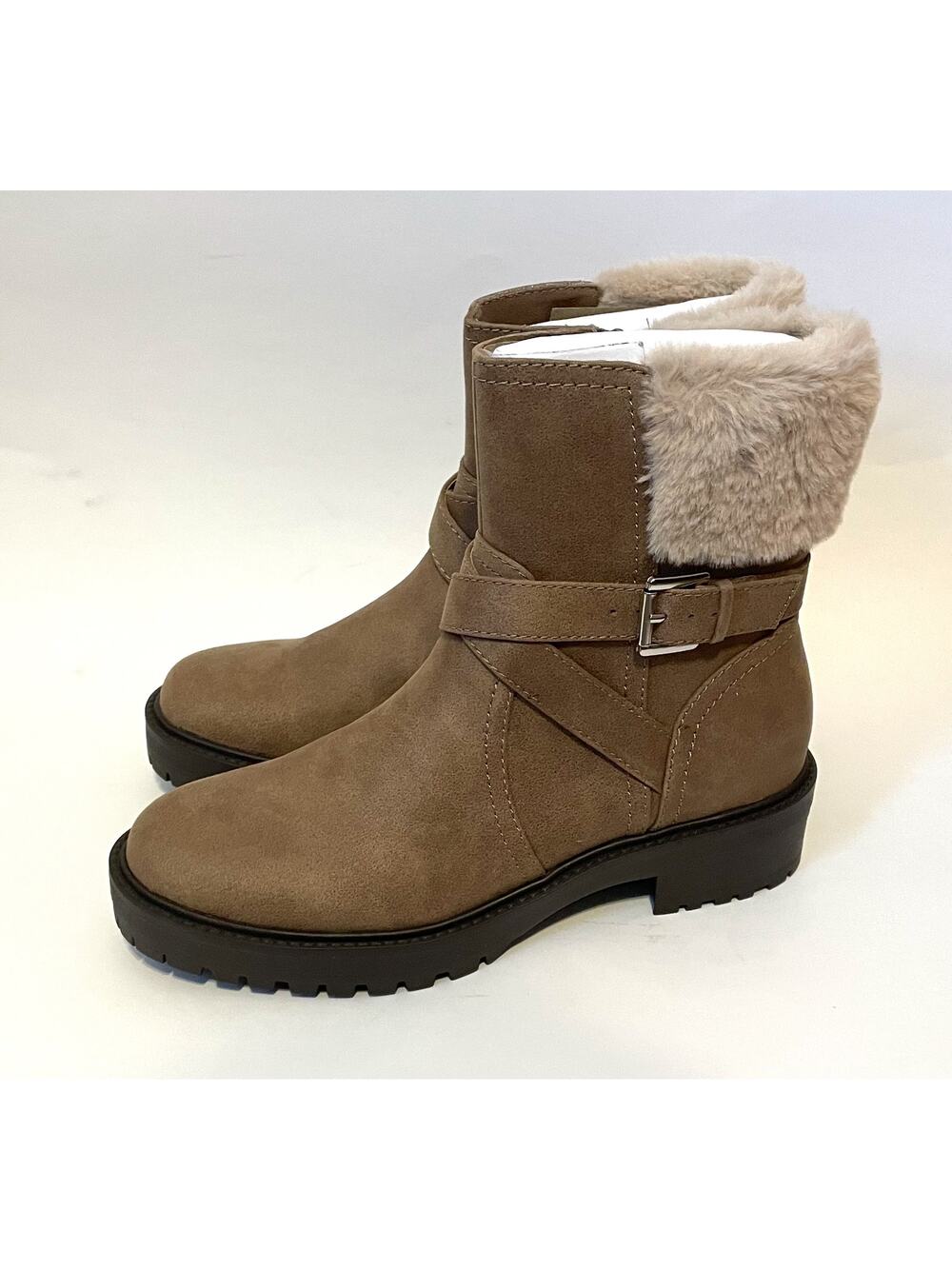 Dolce Vita Leather Buckle Fur Zipper Boot Gray Tan Size 7 NEW